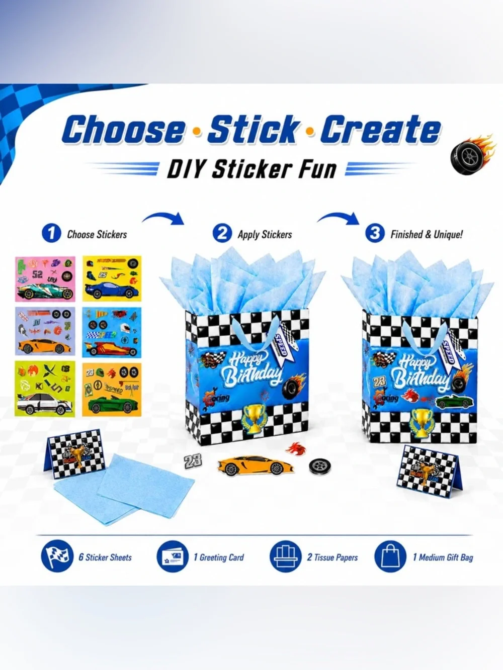 Happy Birthday Racing Gift Bag with Blue Tissue